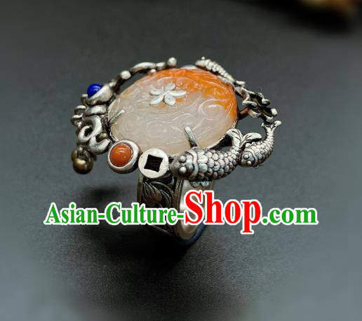 Chinese Handmade Silver Fish Ring National Agate Carving Circlet Jewelry