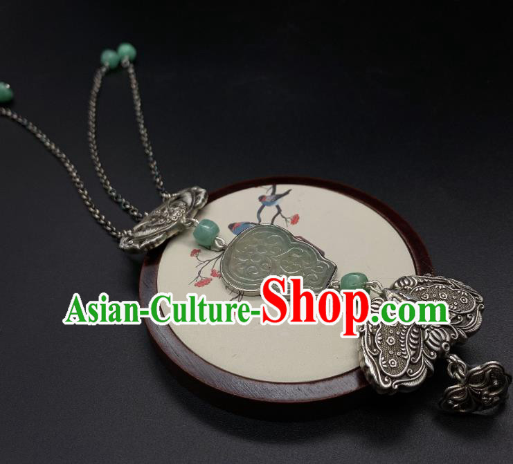 Handmade Chinese Silver Butterfly Brooch Accessories National Jade Gourd Tassel Pendant