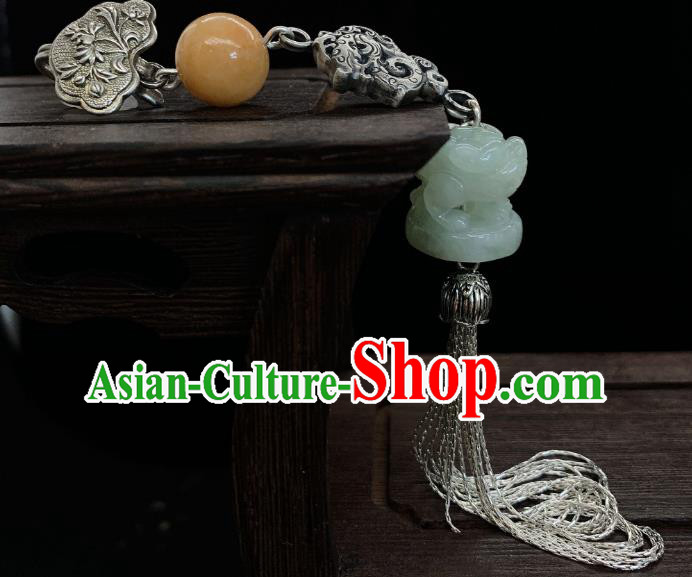 Handmade Chinese Silver Dragon Brooch Accessories National Jade Tassel Pendant