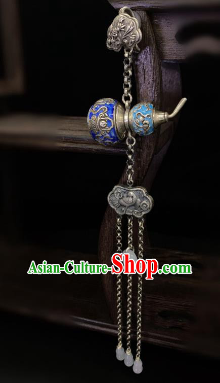 Handmade Chinese Blueing Silver Gourd Accessories National Jade Tassel Brooch Pendant