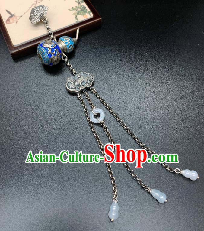 Handmade Chinese Blueing Silver Gourd Accessories National Jade Tassel Brooch Pendant
