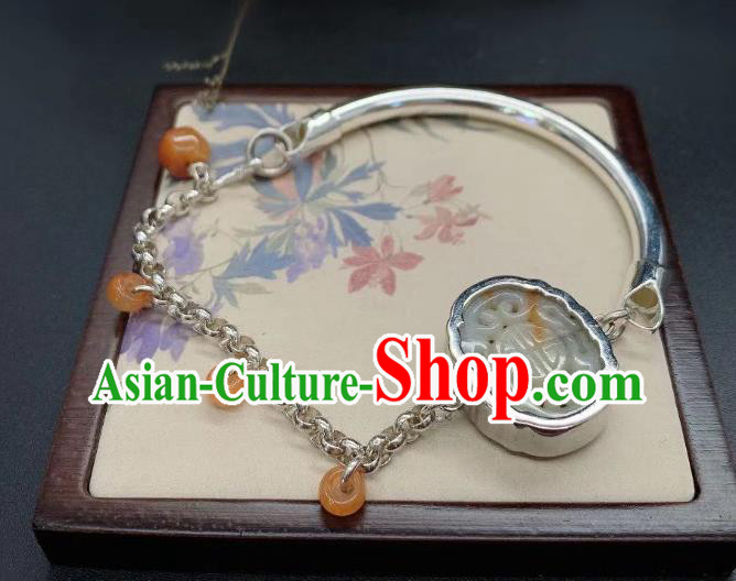 Handmade Chinese Wedding Silver Wristlet Accessories National Agate Carving Bracelet