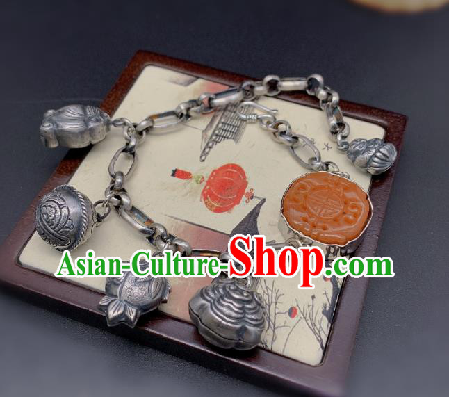 Handmade Chinese National Agate Carving Bracelet Wedding Silver Wristlet Accessories