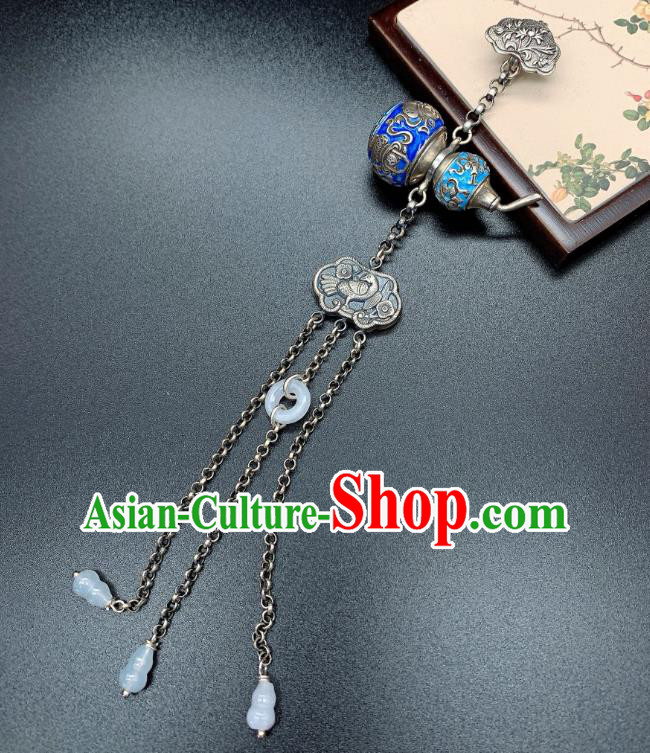 Handmade Chinese Blueing Silver Gourd Accessories National Jade Tassel Brooch Pendant