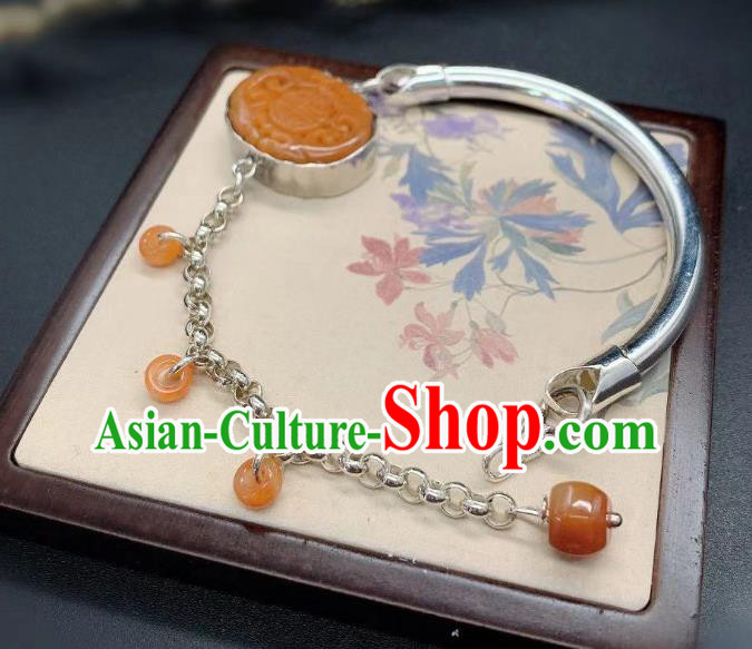 Handmade Chinese Wedding Silver Wristlet Accessories National Agate Carving Bracelet