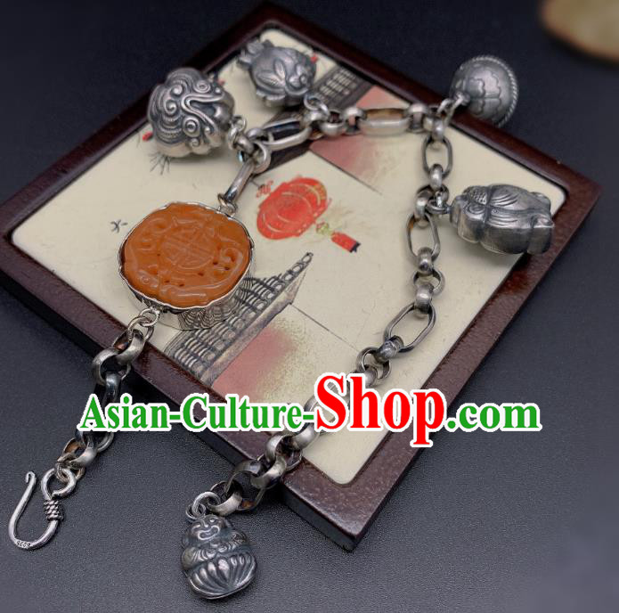 Handmade Chinese National Agate Carving Bracelet Wedding Silver Wristlet Accessories