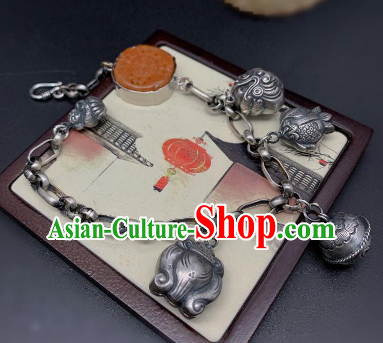 Handmade Chinese National Agate Carving Bracelet Wedding Silver Wristlet Accessories