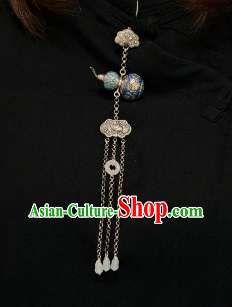 Handmade Chinese Blueing Silver Gourd Accessories National Jade Tassel Brooch Pendant
