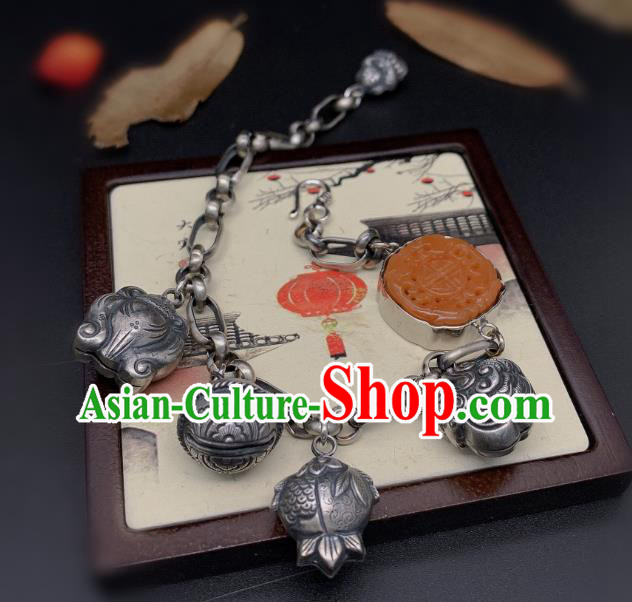 Handmade Chinese National Agate Carving Bracelet Wedding Silver Wristlet Accessories