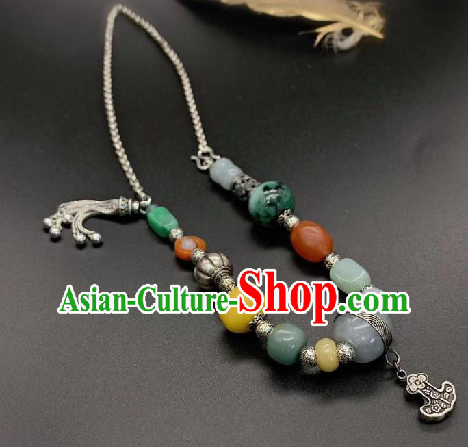 Handmade Chinese National Jadeite Necklace Wedding Silver Necklet Accessories