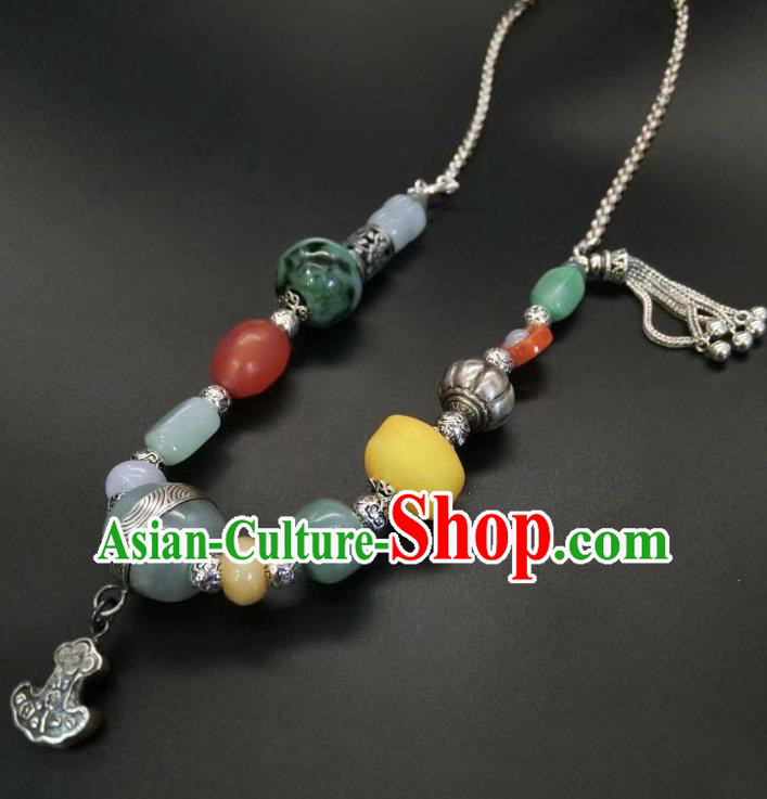 Handmade Chinese National Jadeite Necklace Wedding Silver Necklet Accessories