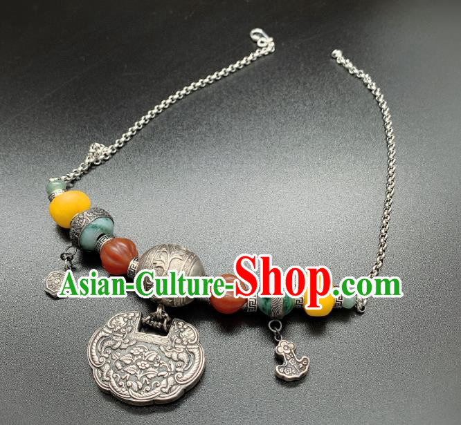 Handmade Chinese National Silver Lock Wristlet Accessories Wedding Agate Beeswax Bracelet