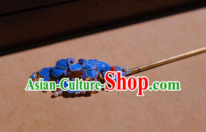 Chinese Ancient Qing Dynasty Empress Blueing Peony Hairpin Traditional Hair Jewelry Hair Stick