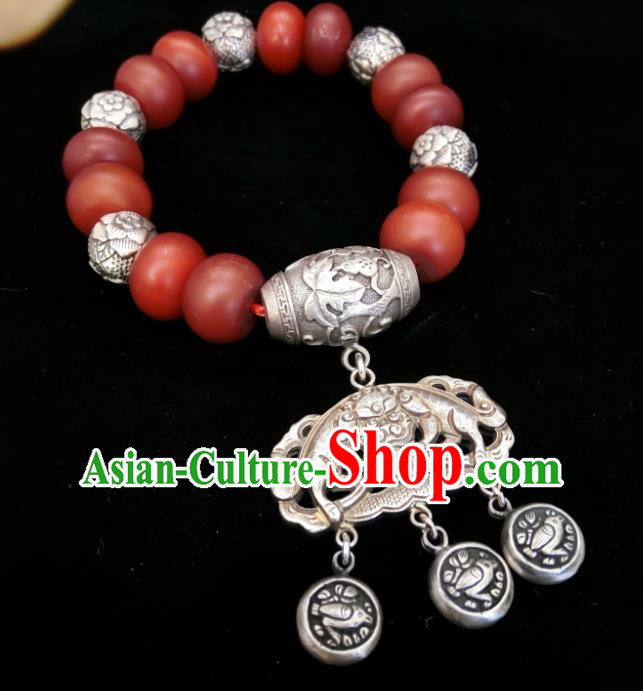 Handmade Chinese National Agate Beads Wristlet Accessories Wedding Silver Bucket Bracelet