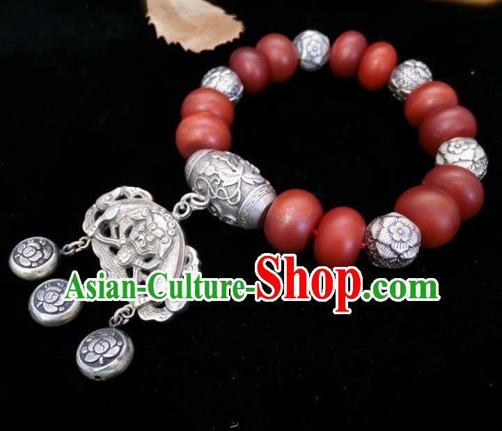 Handmade Chinese National Agate Beads Wristlet Accessories Wedding Silver Bucket Bracelet