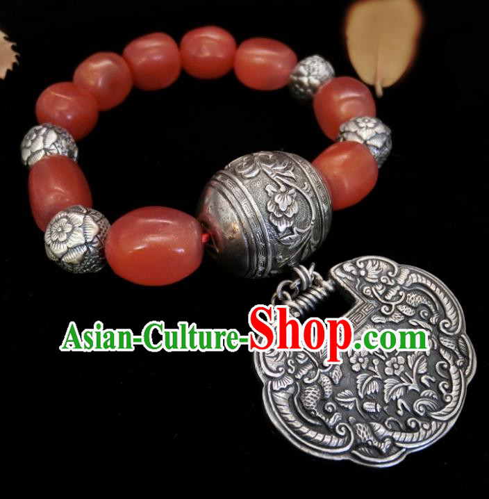 Handmade Chinese Wedding Silver Lock Bracelet National Agate Beads Wristlet Accessories