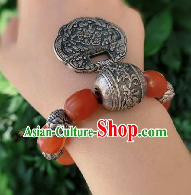 Handmade Chinese Wedding Silver Lock Bracelet National Agate Beads Wristlet Accessories