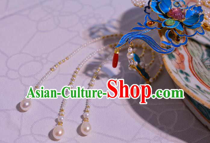 Chinese Traditional Hair Jewelry Pearls Tassel Hair Stick Ancient Qing Dynasty Empress Butterfly Hairpin