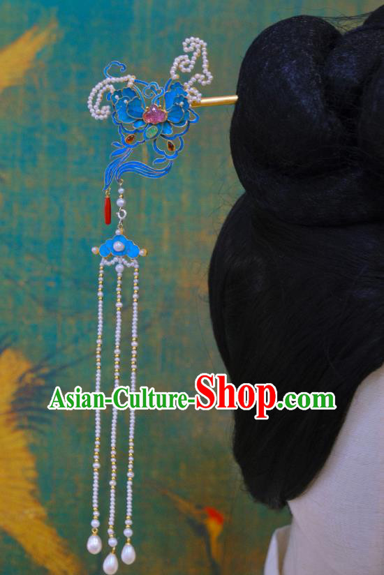 Chinese Traditional Hair Jewelry Pearls Tassel Hair Stick Ancient Qing Dynasty Empress Butterfly Hairpin
