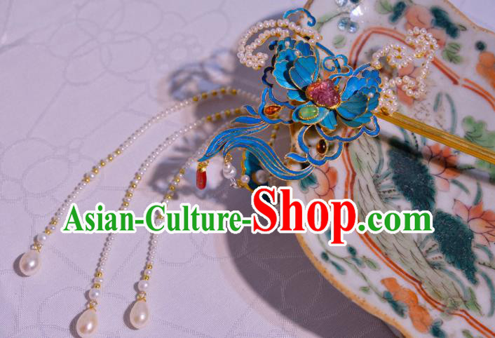 Chinese Traditional Hair Jewelry Pearls Tassel Hair Stick Ancient Qing Dynasty Empress Butterfly Hairpin