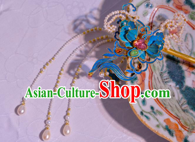 Chinese Traditional Hair Jewelry Pearls Tassel Hair Stick Ancient Qing Dynasty Empress Butterfly Hairpin