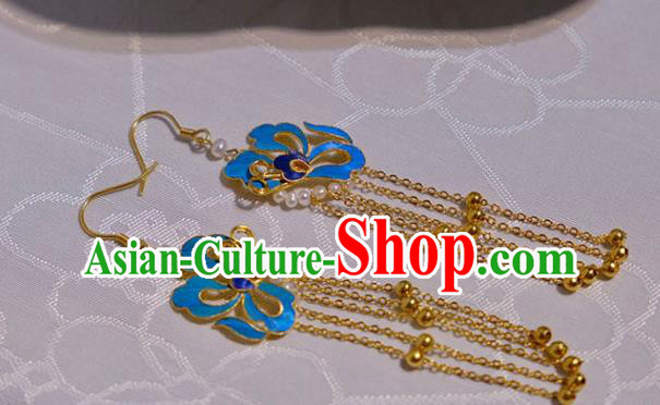 Chinese Traditional Blueing Butterfly Earrings Culture Jewelry Cheongsam Golden Tassel Ear Accessories