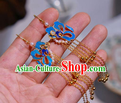 Chinese Traditional Blueing Butterfly Earrings Culture Jewelry Cheongsam Golden Tassel Ear Accessories