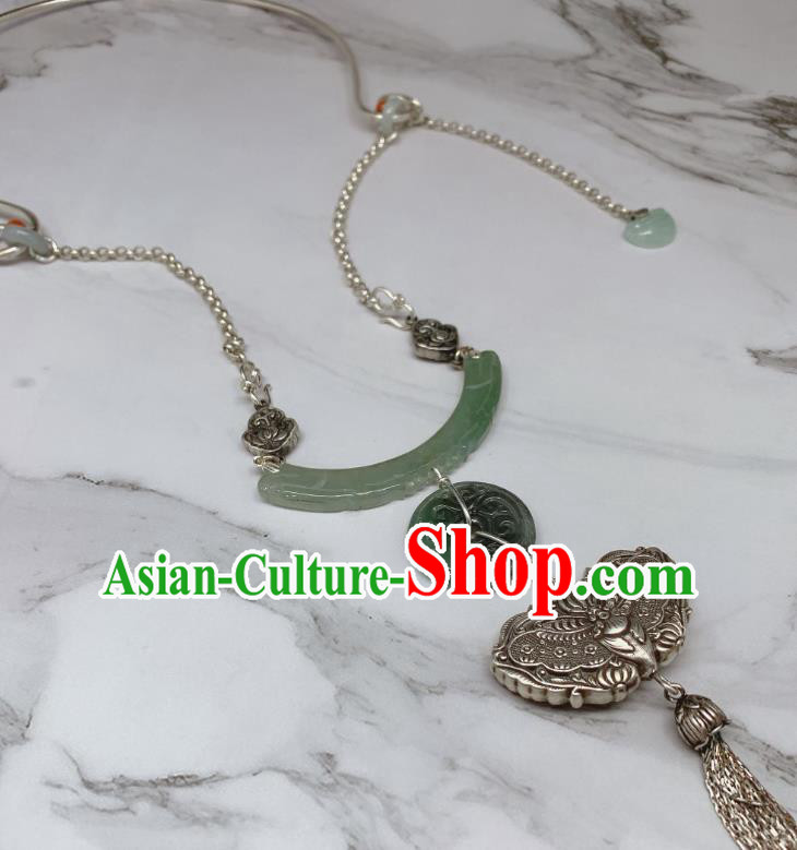Handmade Chinese Wedding Silver Butterfly Tassel Necklace Pendant National Jadeite Necklet Accessories