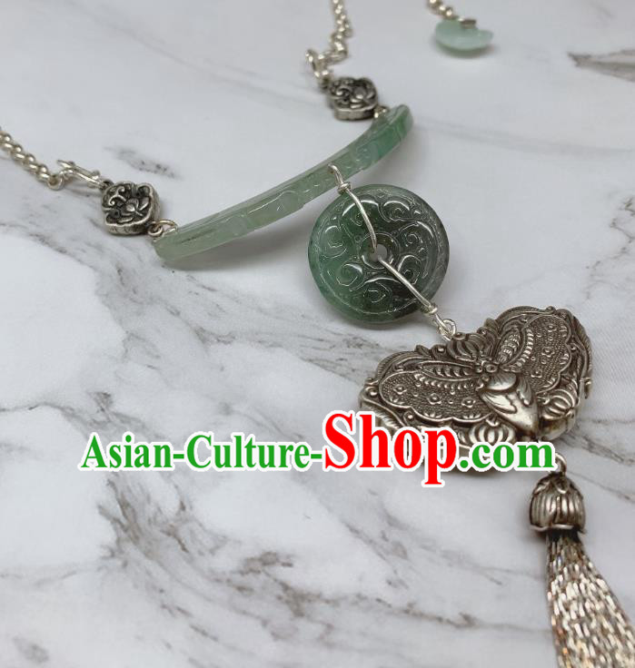 Handmade Chinese Wedding Silver Butterfly Tassel Necklace Pendant National Jadeite Necklet Accessories