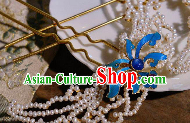 Chinese Traditional Hair Jewelry Pearls Hairpin Ancient Qing Dynasty Empress Blueing Lotus Hair Stick
