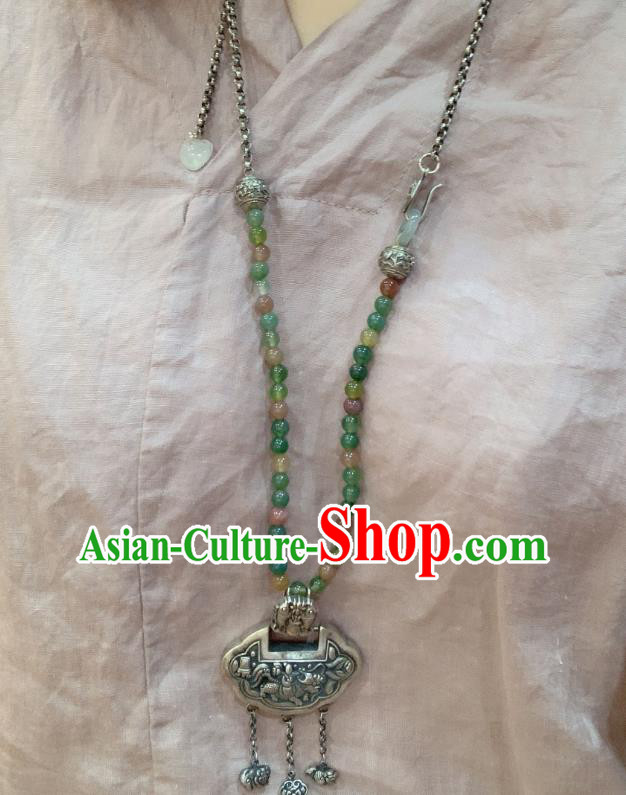 Handmade Chinese Jadeite Beads Necklace Accessories National Silver Lock Tassel Necklet Pendant