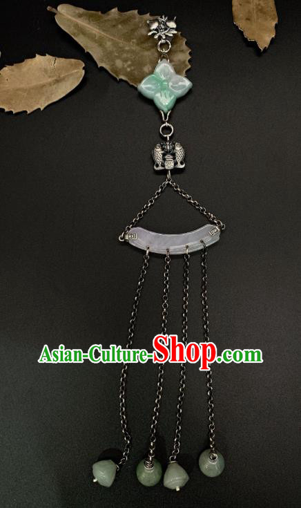 Handmade Chinese Jade Tassel Brooch Accessories National Silver Pendant