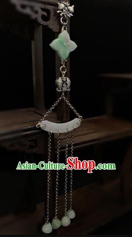 Handmade Chinese Jade Tassel Brooch Accessories National Silver Pendant