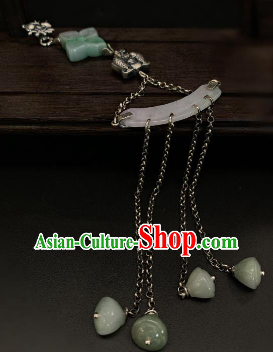 Handmade Chinese Jade Tassel Brooch Accessories National Silver Pendant