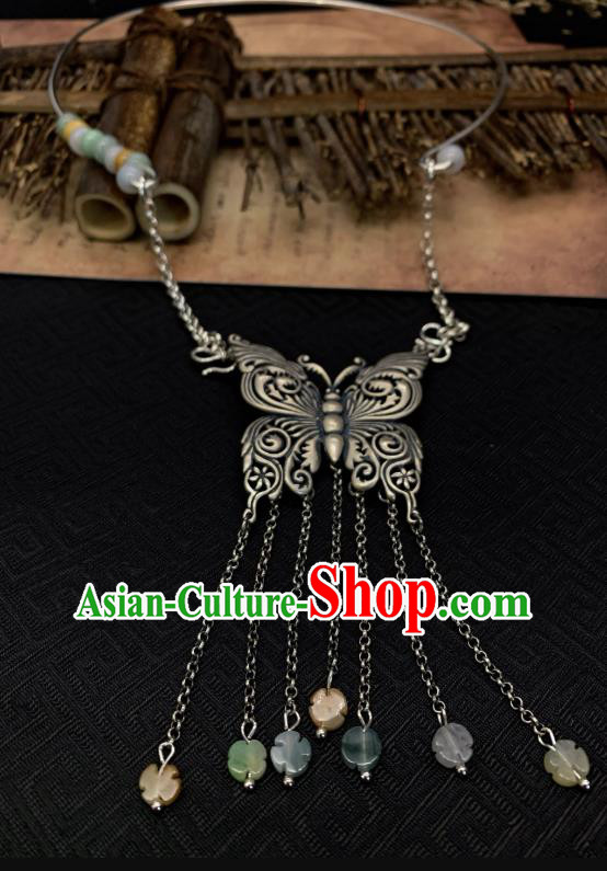 Handmade Chinese Silver Butterfly Necklace Accessories National Jade Tassel Necklet Pendant