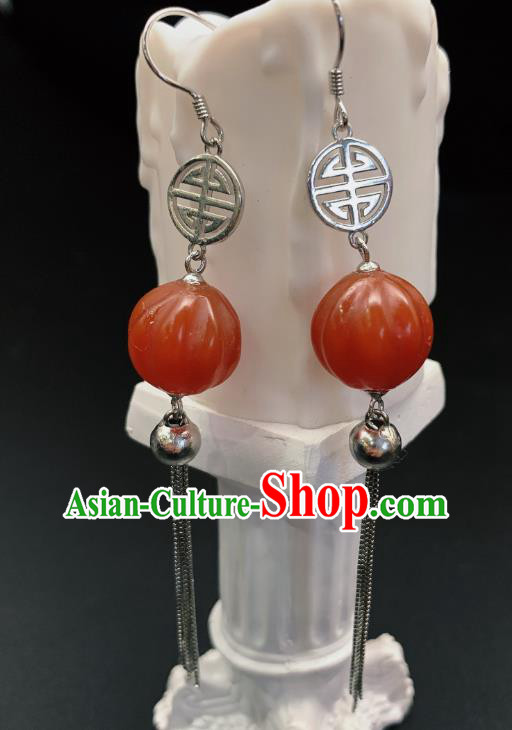 China Traditional Cheongsam Agate Ear Accessories National Silver Tassel Earrings Jewelry
