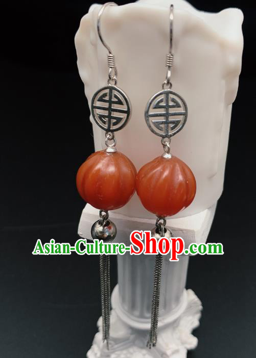 China Traditional Cheongsam Agate Ear Accessories National Silver Tassel Earrings Jewelry