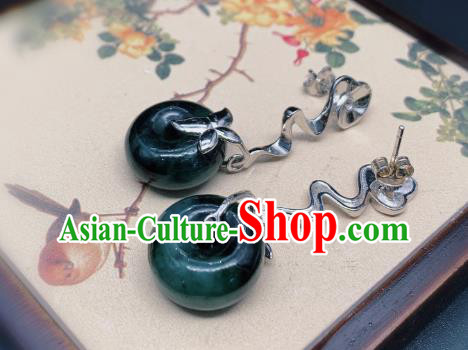 China Traditional Silver Ear Accessories National Cheongsam Jadeite Peace Buckle Earrings Jewelry