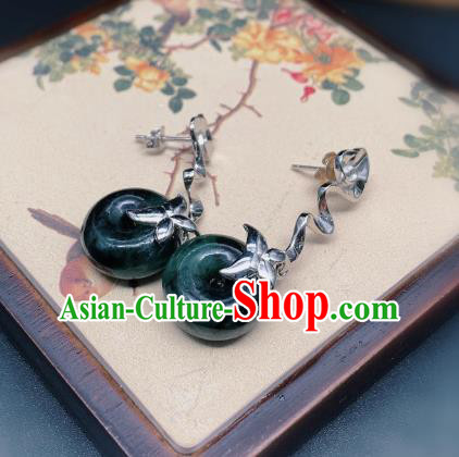 China Traditional Silver Ear Accessories National Cheongsam Jadeite Peace Buckle Earrings Jewelry
