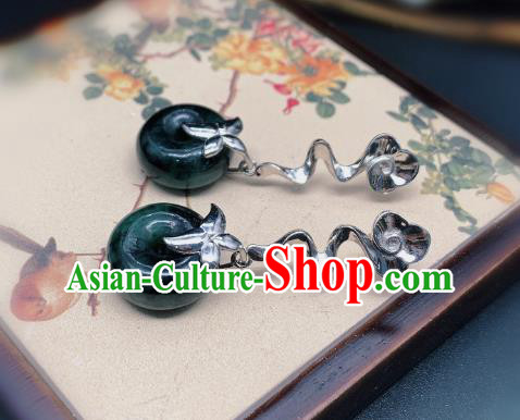 China Traditional Silver Ear Accessories National Cheongsam Jadeite Peace Buckle Earrings Jewelry