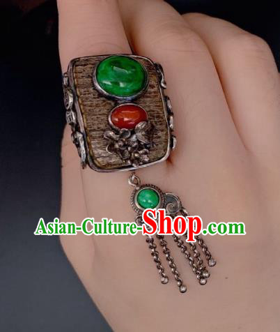 Chinese Handmade Silver Tassel Ring National Jadeite Jewelry Circlet