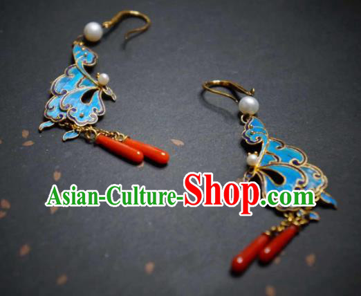 Handmade Chinese Traditional Culture Jewelry Cheongsam Agate Ear Accessories Blueing Butterfly Earrings