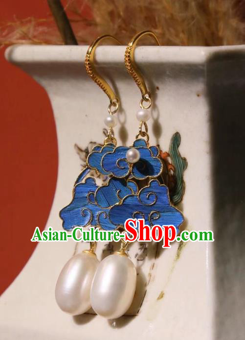 Chinese Cheongsam Blueing Cloud Ear Accessories Traditional Culture Jewelry Pearls Earrings