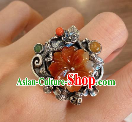 Chinese Handmade National Agate Circlet Wedding Jewelry Silver Plum Blossom Finger Ring