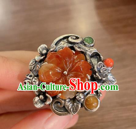 Chinese Handmade National Agate Circlet Wedding Jewelry Silver Plum Blossom Finger Ring