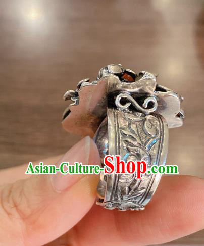Chinese Handmade National Agate Circlet Wedding Jewelry Silver Plum Blossom Finger Ring
