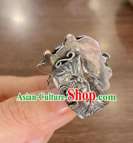 Chinese Handmade National Agate Circlet Wedding Jewelry Silver Plum Blossom Finger Ring