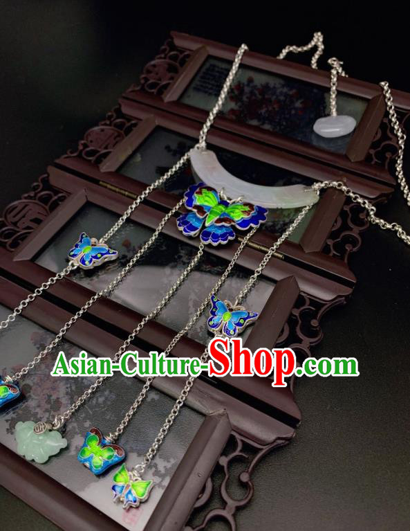 Handmade Chinese Blueing Butterfly Necklace Accessories National Jade Silver Necklet
