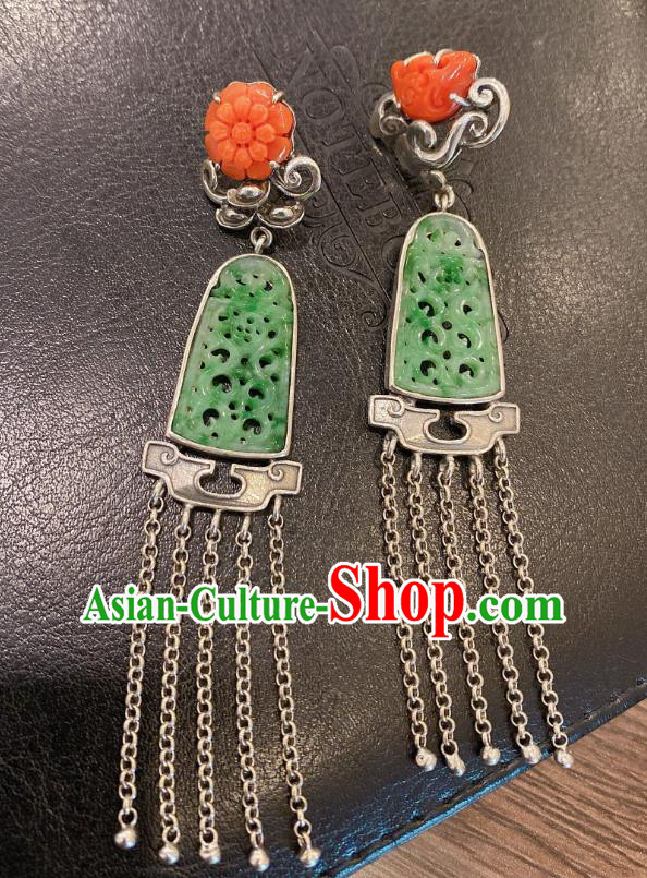 China Classical Wedding Silver Tassel Earrings Traditional Handmade Jadeite Carving Ear Accessories