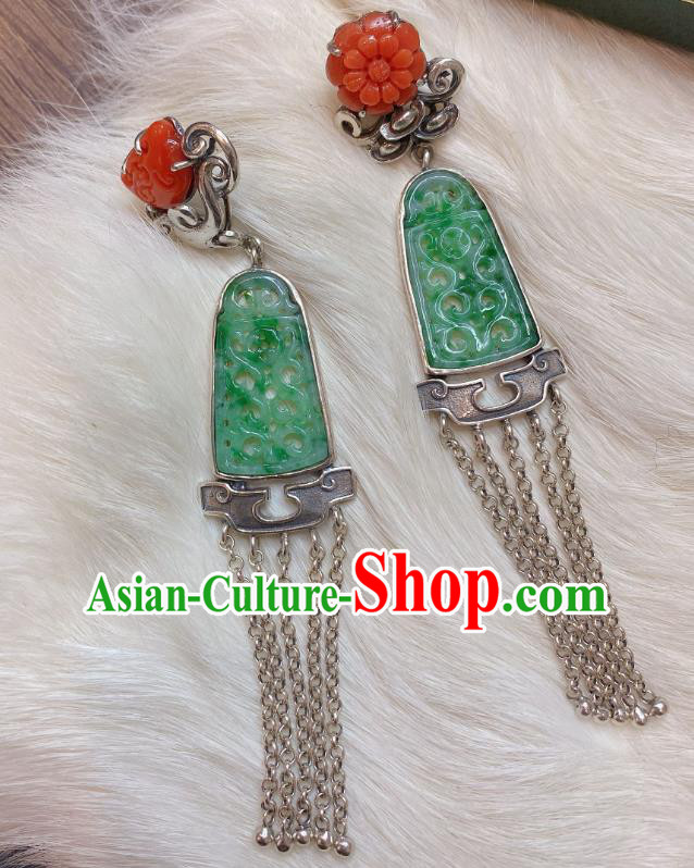 China Classical Wedding Silver Tassel Earrings Traditional Handmade Jadeite Carving Ear Accessories